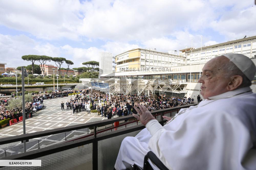 Pope Francis at a window of the Agostino Gemelli Polyclinic in Rome