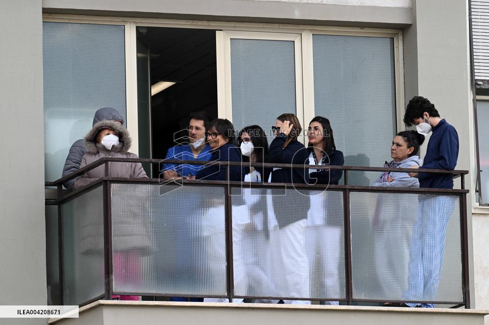 Pope Francis Greets Crowds Before Discharge From Hospital  - Rome