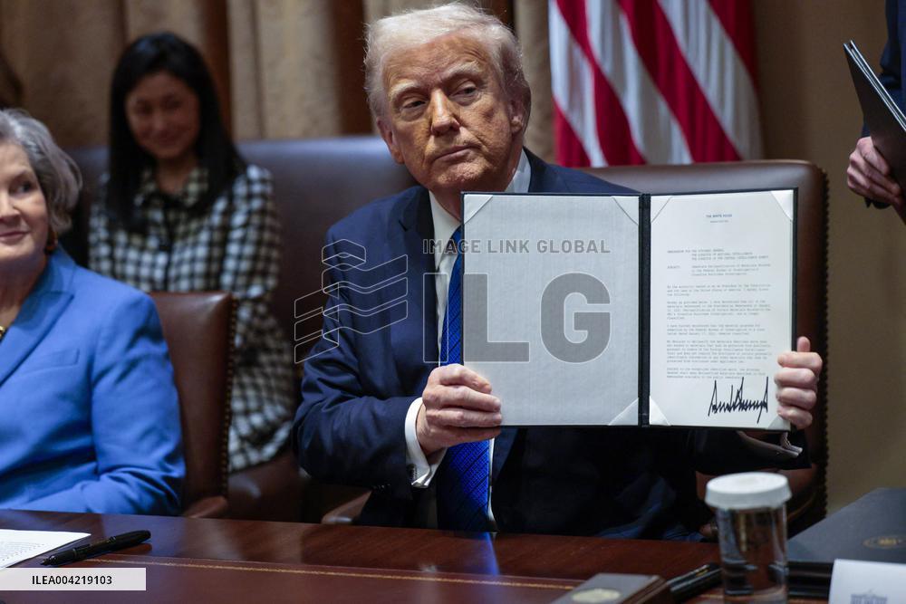 US President Donald J. Trump delivers remarks to the news media during an Ambassador meeting