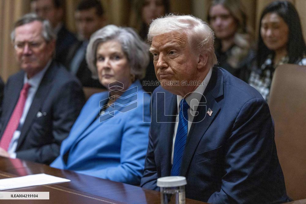 US President Donald J. Trump delivers remarks to the news media during an Ambassador meeting