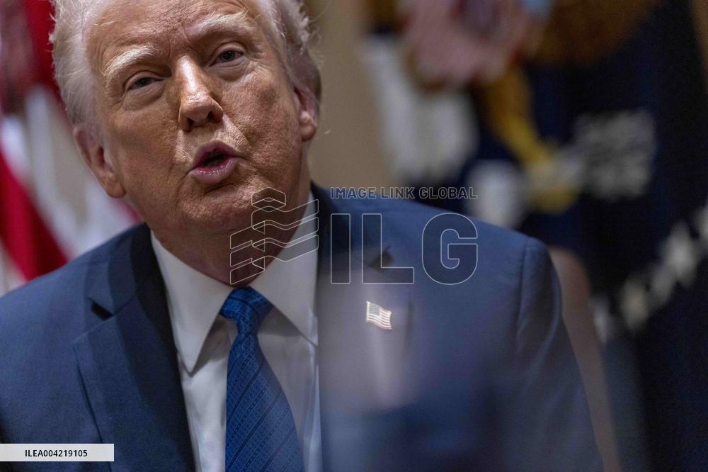 US President Donald J. Trump delivers remarks to the news media during an Ambassador meeting