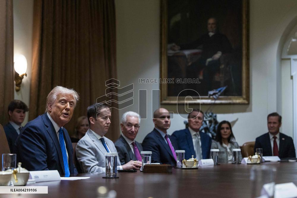 US President Donald J. Trump delivers remarks to the news media during an Ambassador meeting