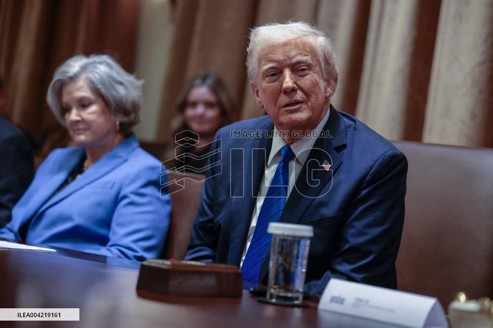 US President Donald J. Trump delivers remarks to the news media during an Ambassador meeting