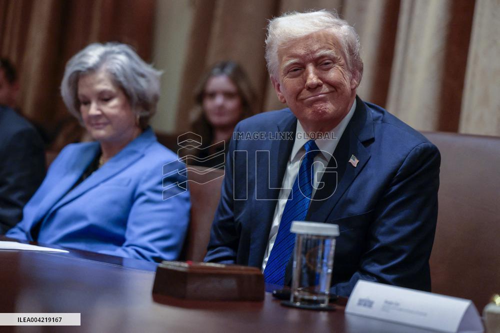 US President Donald J. Trump delivers remarks to the news media during an Ambassador meeting