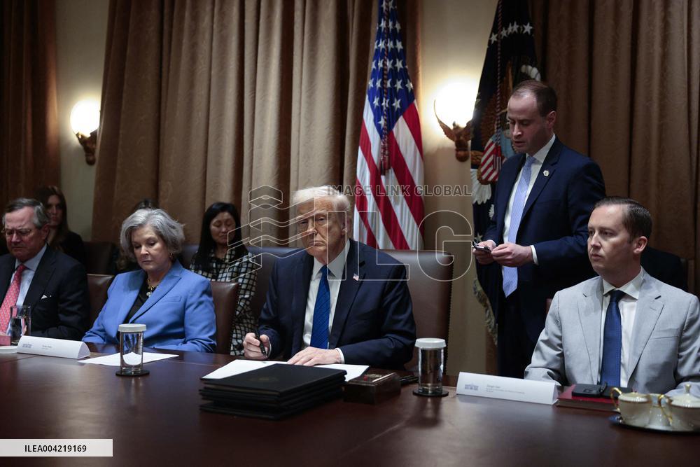 US President Donald J. Trump delivers remarks to the news media during an Ambassador meeting