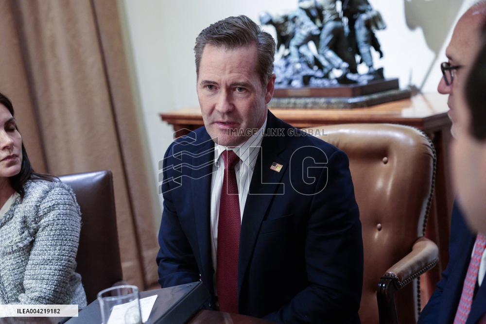 US President Donald J. Trump delivers remarks to the news media during an Ambassador meeting