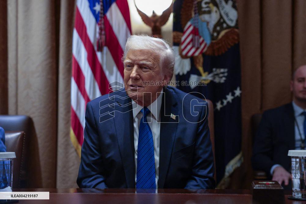 US President Donald J. Trump delivers remarks to the news media during an Ambassador meeting