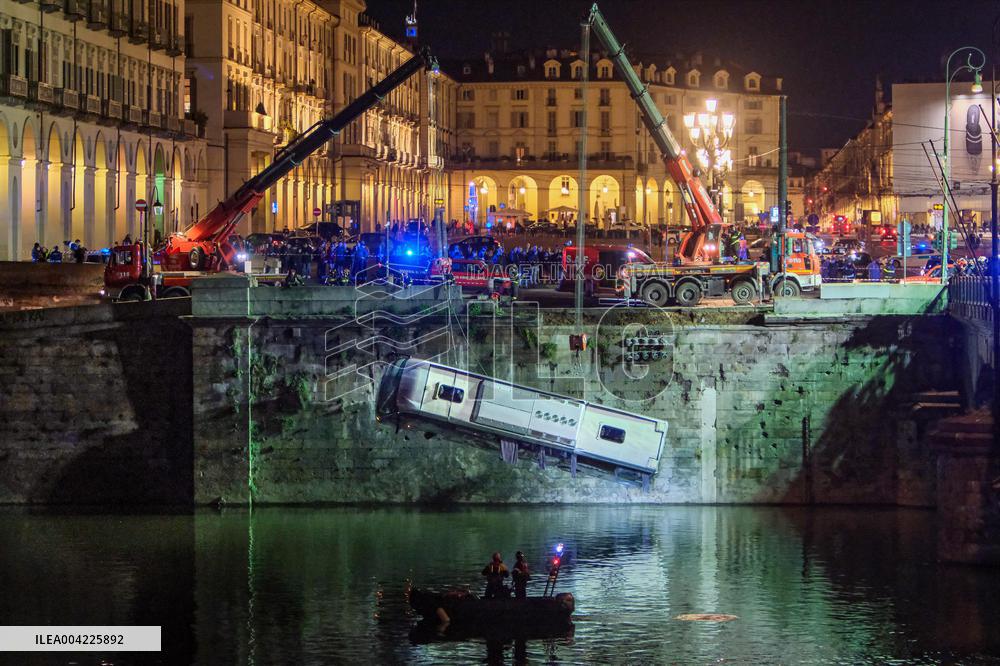 Tourist Bus Crashes Into River - Turin