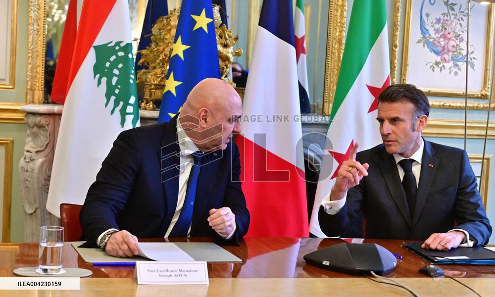 Emmanuel Macron - Joseph Aoun Press Conference at Elysee Palace - Paris