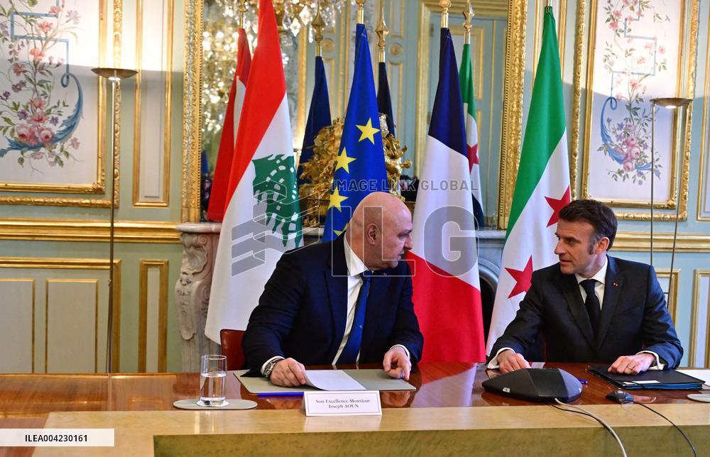 Emmanuel Macron - Joseph Aoun Press Conference at Elysee Palace - Paris