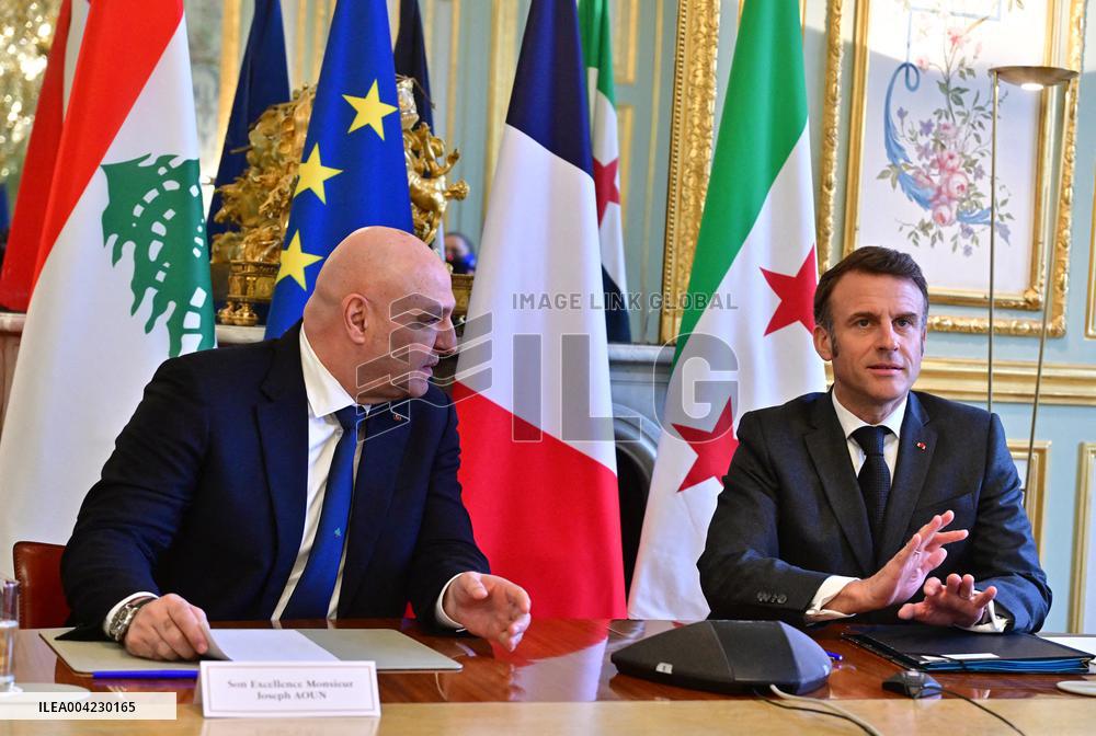 Emmanuel Macron - Joseph Aoun Press Conference at Elysee Palace - Paris
