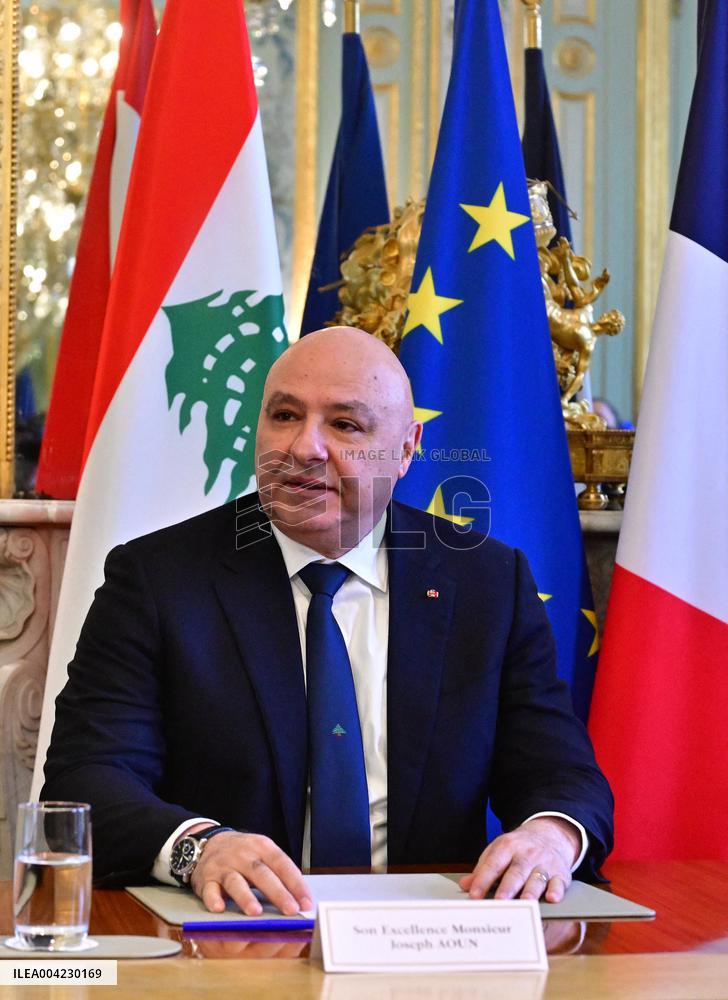 Emmanuel Macron - Joseph Aoun Press Conference at Elysee Palace - Paris