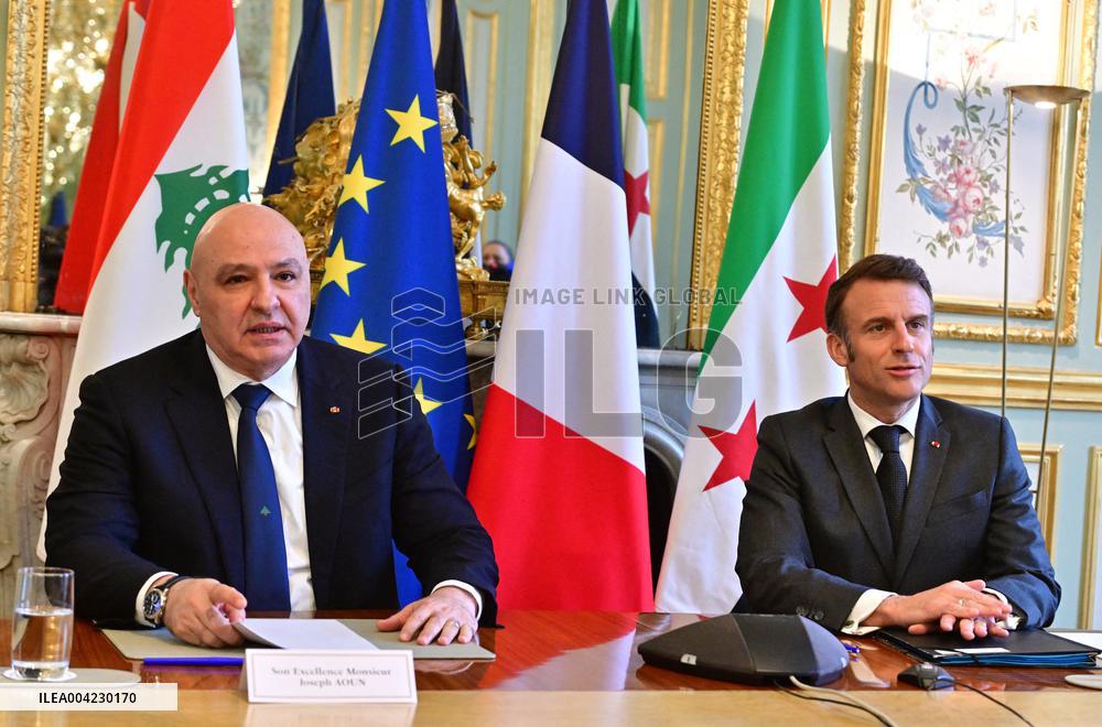 Emmanuel Macron - Joseph Aoun Press Conference at Elysee Palace - Paris