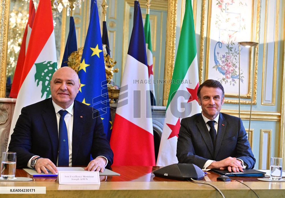 Emmanuel Macron - Joseph Aoun Press Conference at Elysee Palace - Paris