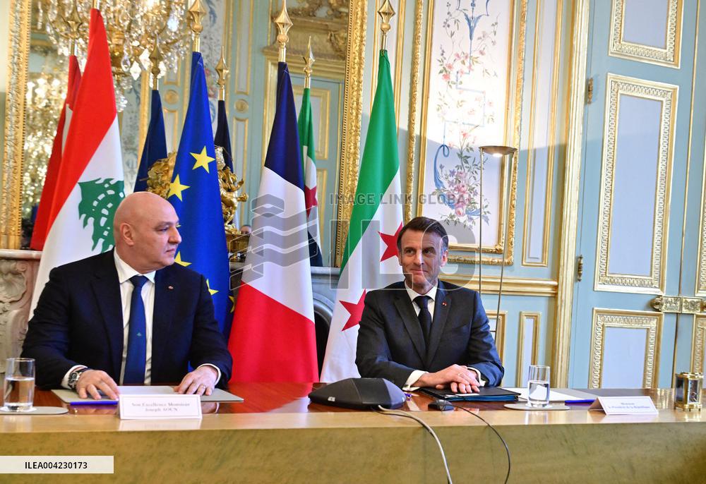 Emmanuel Macron - Joseph Aoun Press Conference at Elysee Palace - Paris