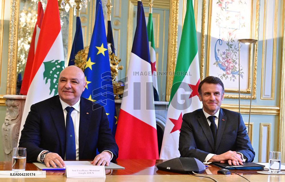 Emmanuel Macron - Joseph Aoun Press Conference at Elysee Palace - Paris
