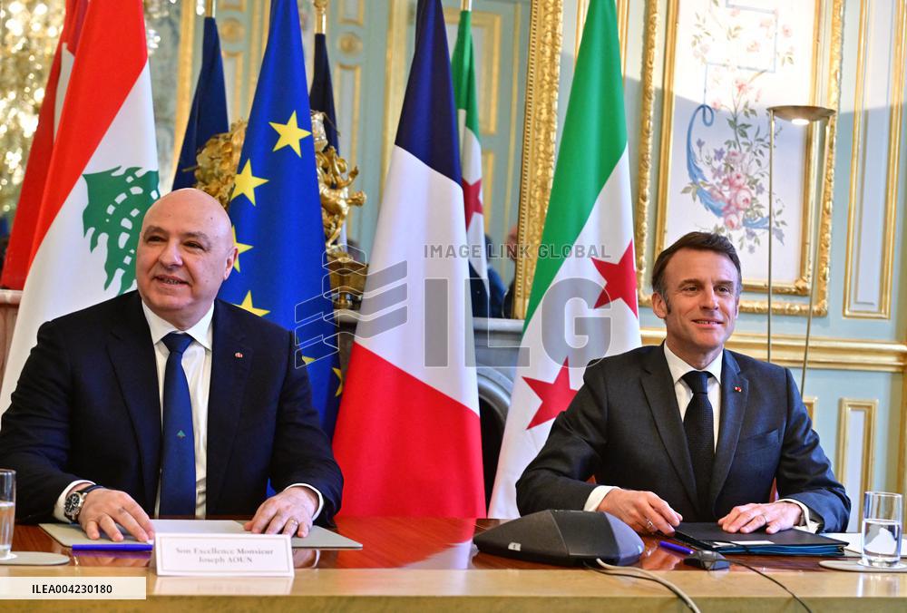 Emmanuel Macron - Joseph Aoun Press Conference at Elysee Palace - Paris