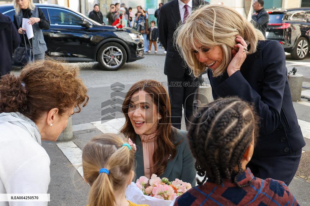 Brigitte Macron and Queen Mary Visit Paris Nursery School