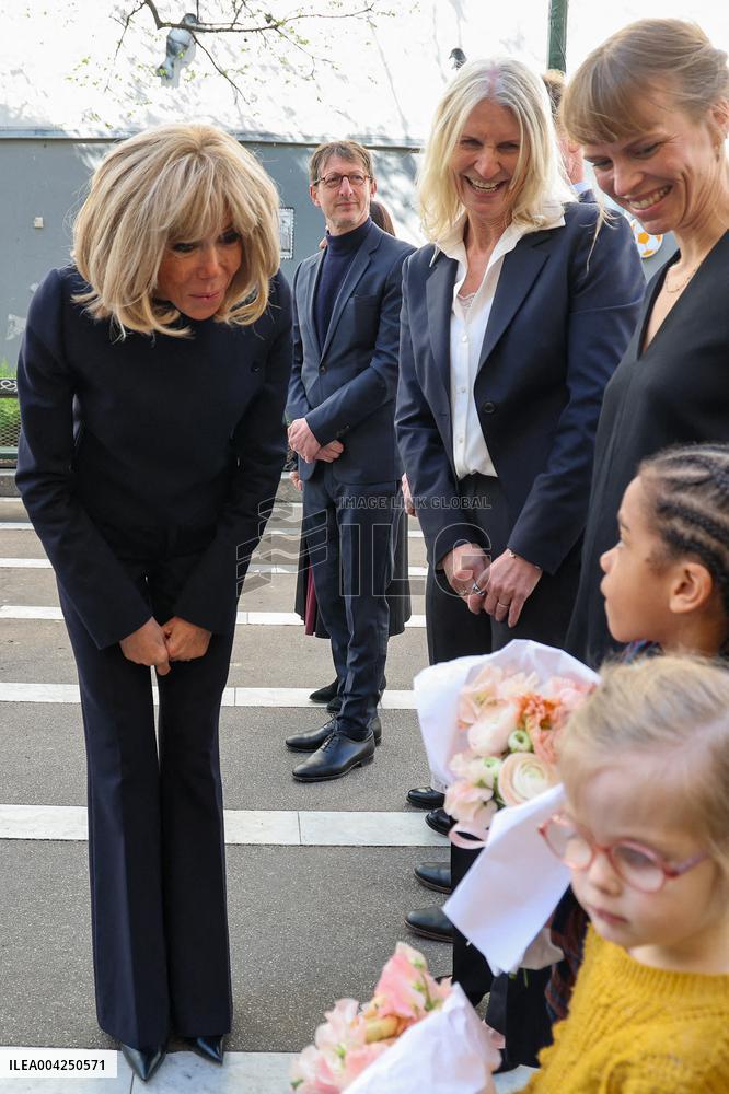 Brigitte Macron and Queen Mary Visit Paris Nursery School