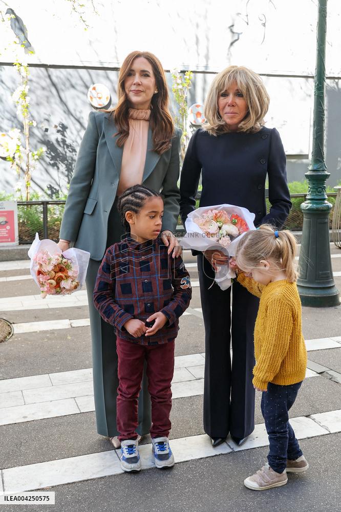 Brigitte Macron and Queen Mary Visit Paris Nursery School