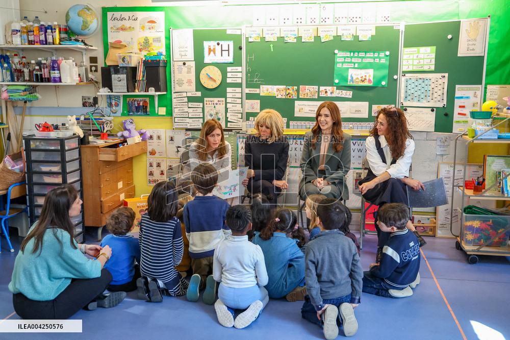 Brigitte Macron and Queen Mary Visit Paris Nursery School