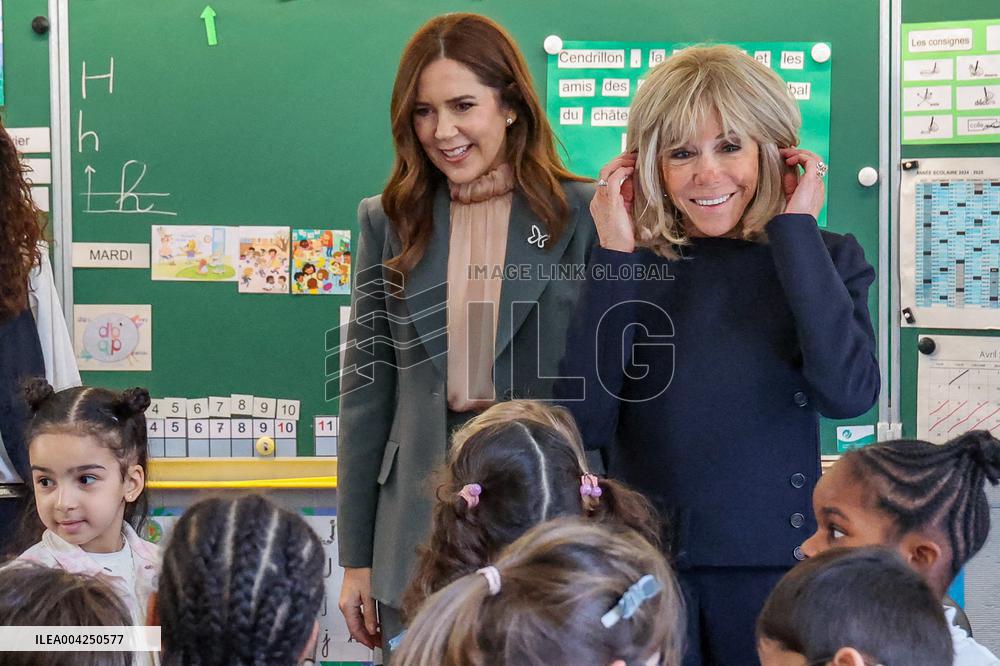 Brigitte Macron and Queen Mary Visit Paris Nursery School
