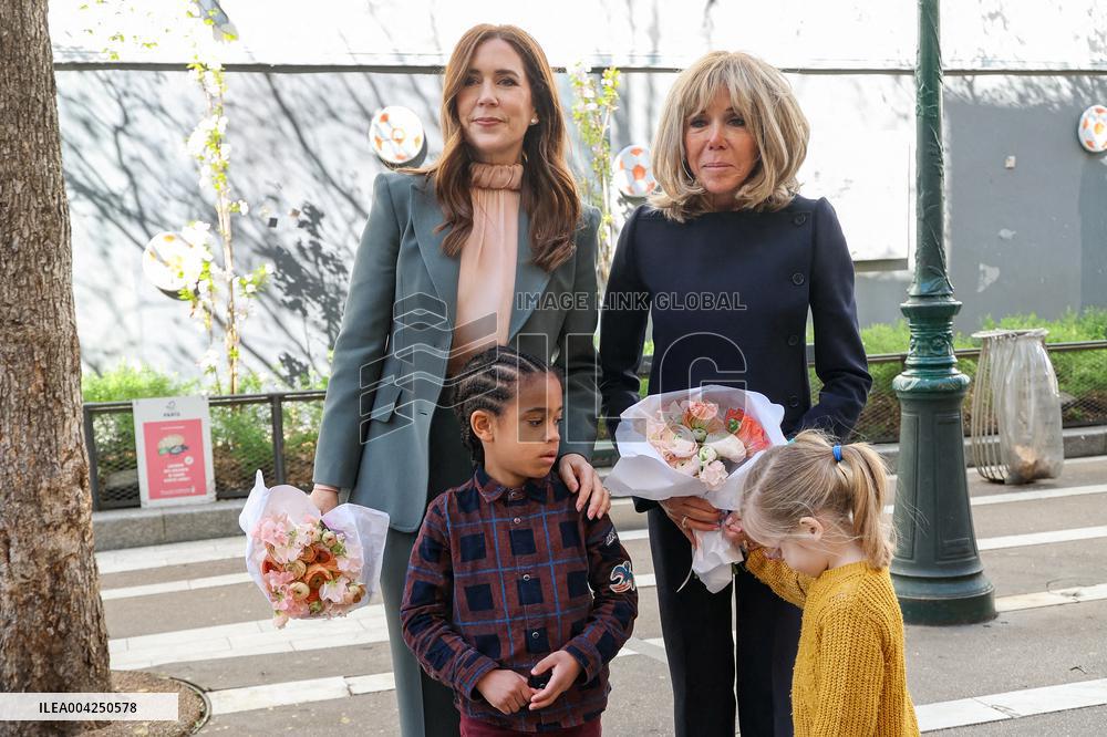 Brigitte Macron and Queen Mary Visit Paris Nursery School