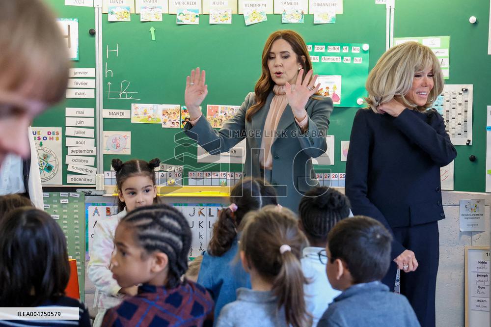 Brigitte Macron and Queen Mary Visit Paris Nursery School