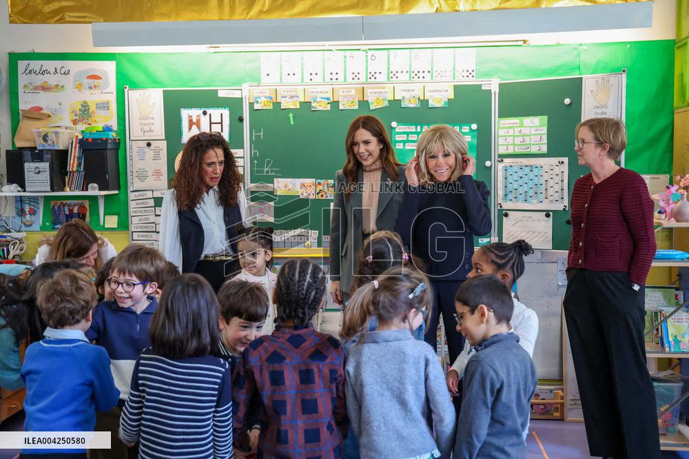 Brigitte Macron and Queen Mary Visit Paris Nursery School
