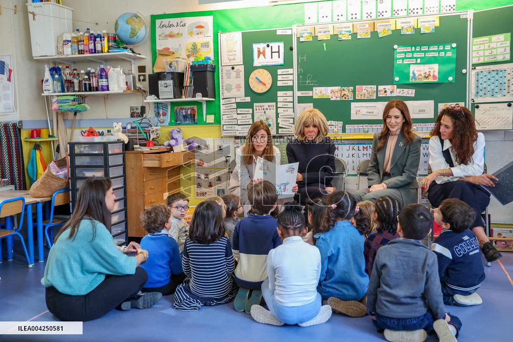 Brigitte Macron and Queen Mary Visit Paris Nursery School