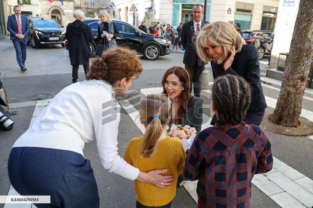 Brigitte Macron and Queen Mary Visit Paris Nursery School