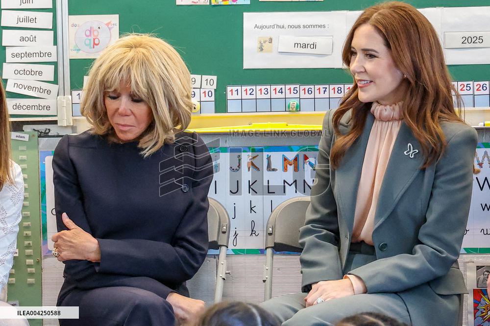 Brigitte Macron and Queen Mary Visit Paris Nursery School