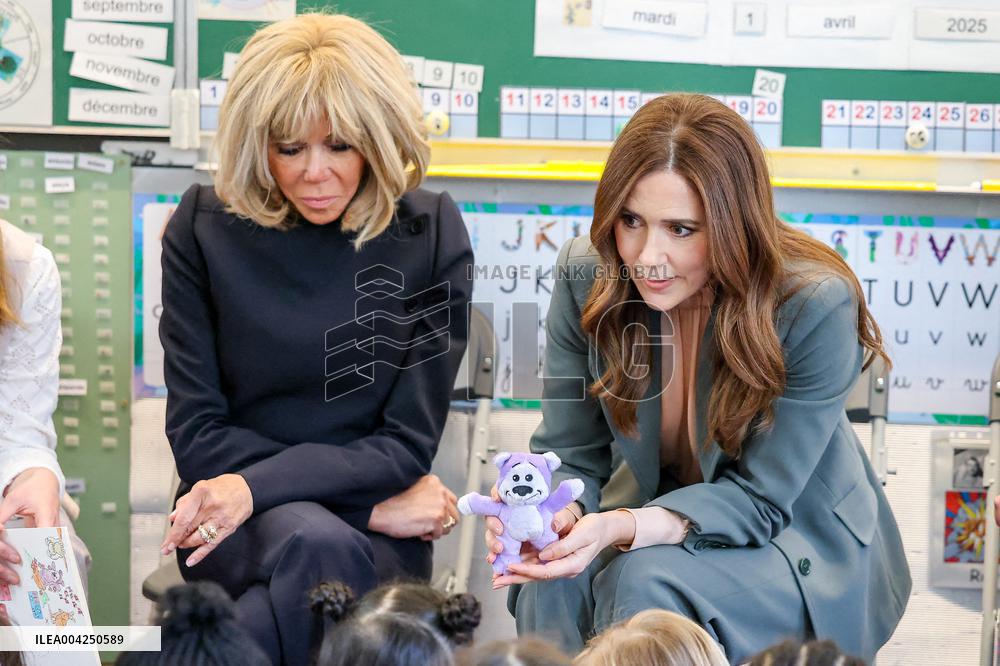 Brigitte Macron and Queen Mary Visit Paris Nursery School