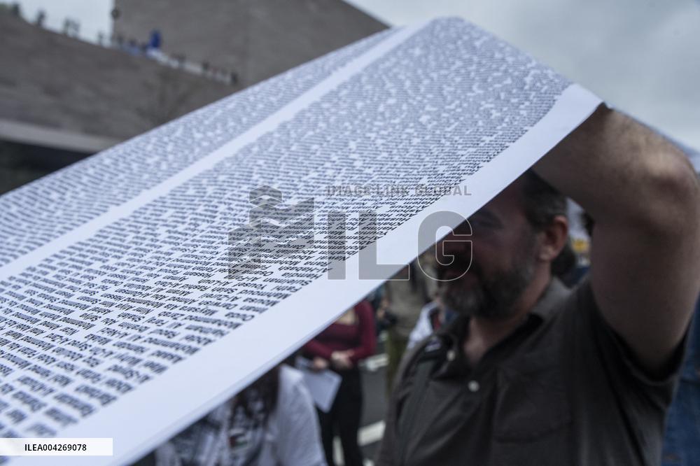 Pro-Palestinian protestors march from the National Gallery to ICE Headquarters in Washington, DC, on Saturday April 5, 2025. Thi