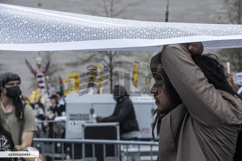Pro-Palestinian protestors march from the National Gallery to ICE Headquarters in Washington, DC, on Saturday April 5, 2025. Thi