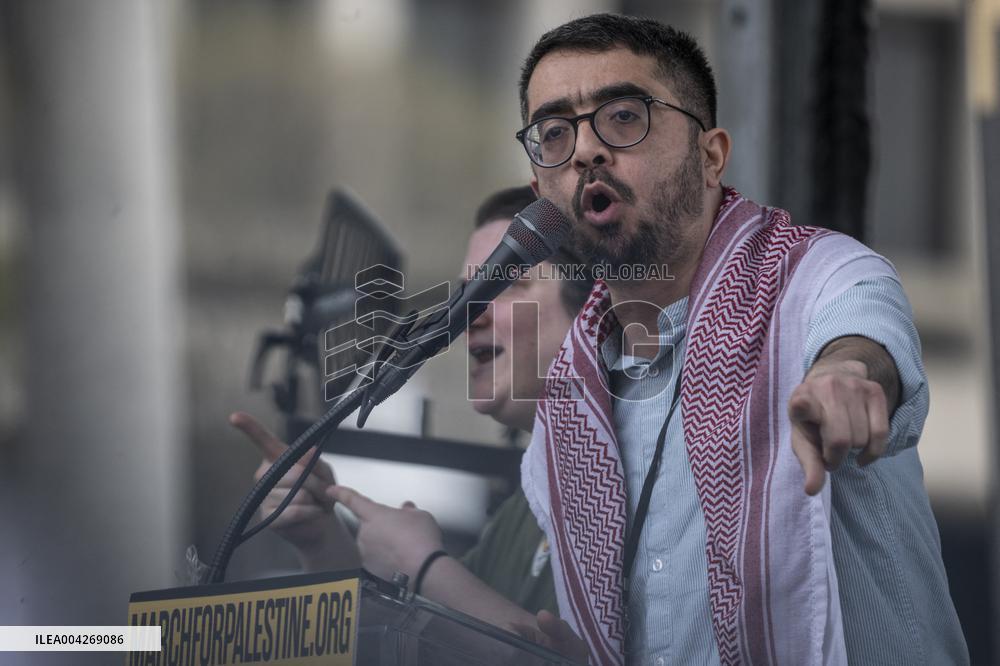 Pro-Palestinian protestors march from the National Gallery to ICE Headquarters in Washington, DC, on Saturday April 5, 2025. Thi