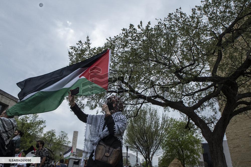 Pro-Palestinian protestors march from the National Gallery to ICE Headquarters in Washington, DC, on Saturday April 5, 2025. Thi