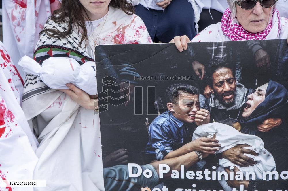 Pro-Palestinian protestors march from the National Gallery to ICE Headquarters in Washington, DC, on Saturday April 5, 2025. Thi