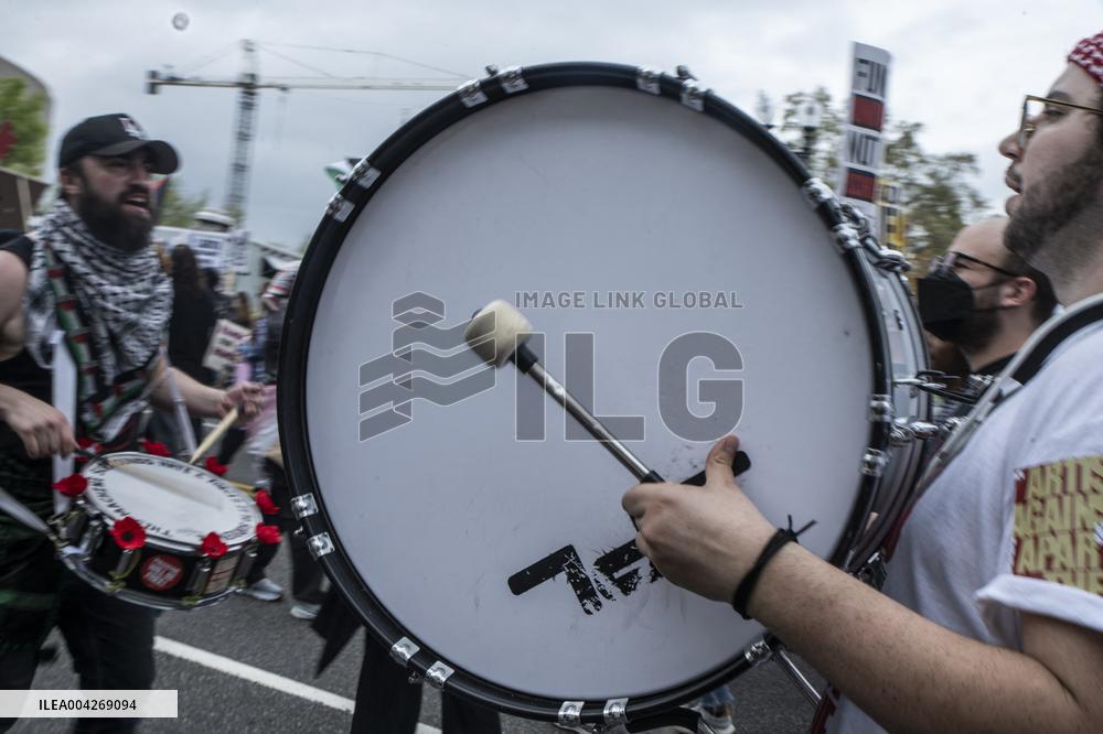 Pro-Palestinian protestors march from the National Gallery to ICE Headquarters in Washington, DC, on Saturday April 5, 2025. Thi