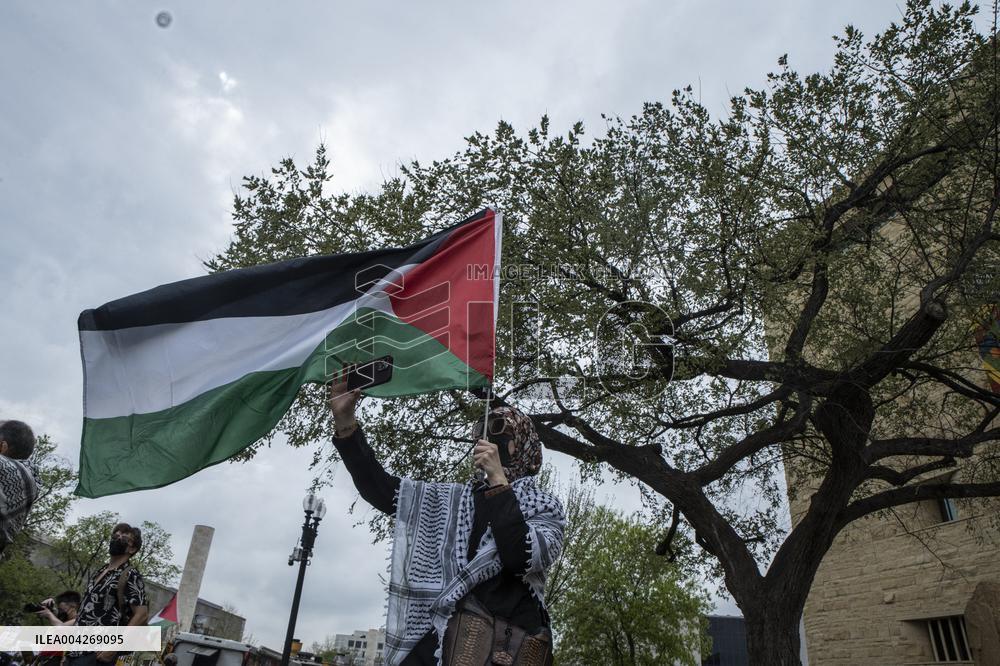 Pro-Palestinian protestors march from the National Gallery to ICE Headquarters in Washington, DC, on Saturday April 5, 2025. Thi