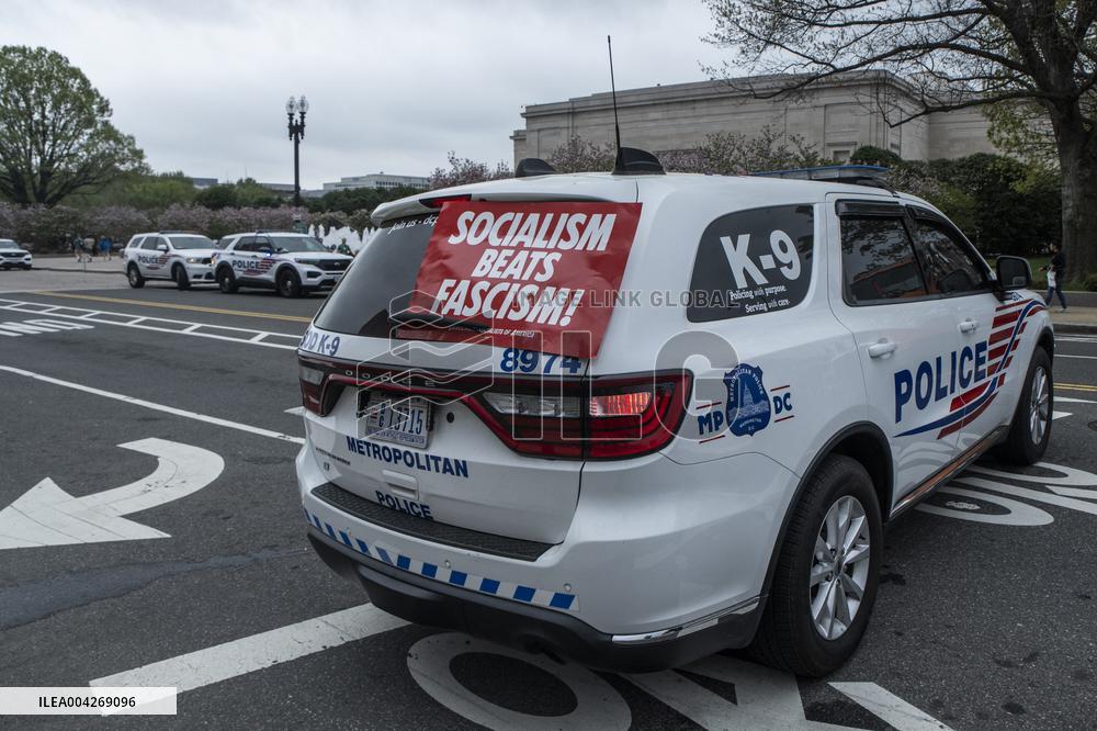 Pro-Palestinian protestors march from the National Gallery to ICE Headquarters in Washington, DC, on Saturday April 5, 2025. Thi