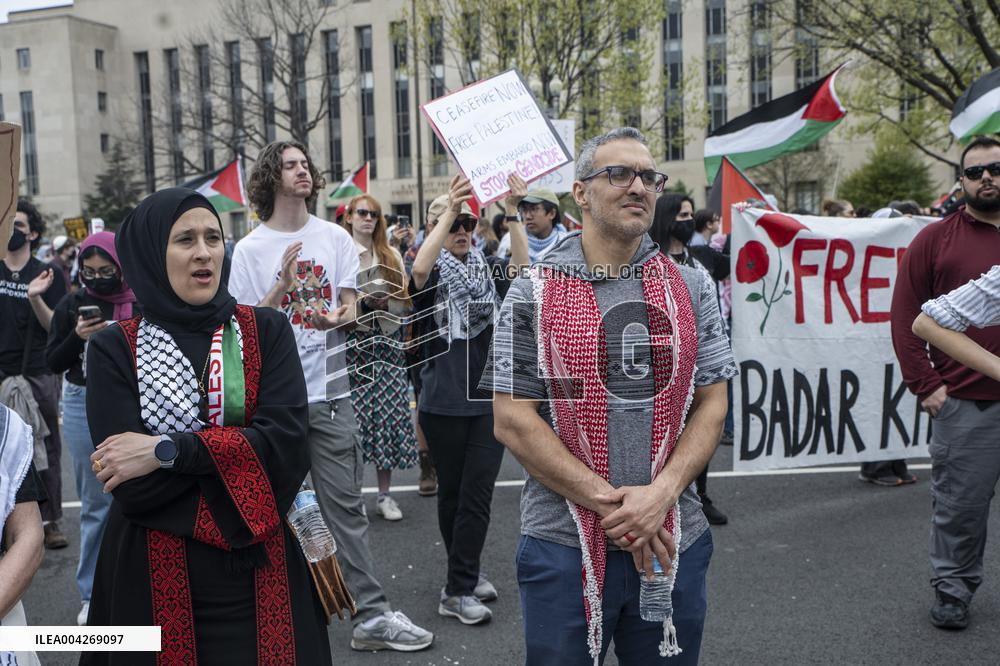 Pro-Palestinian protestors march from the National Gallery to ICE Headquarters in Washington, DC, on Saturday April 5, 2025. Thi