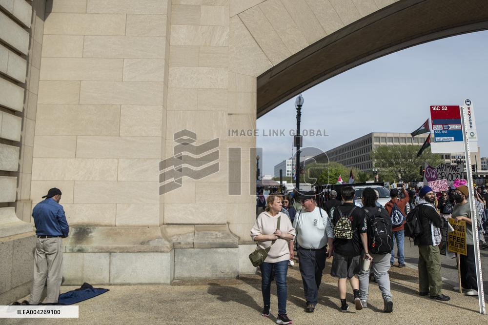 Pro-Palestinian protestors march from the National Gallery to ICE Headquarters in Washington, DC, on Saturday April 5, 2025. Thi