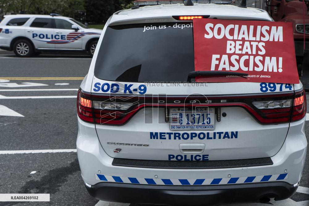 Pro-Palestinian protestors march from the National Gallery to ICE Headquarters in Washington, DC, on Saturday April 5, 2025. Thi