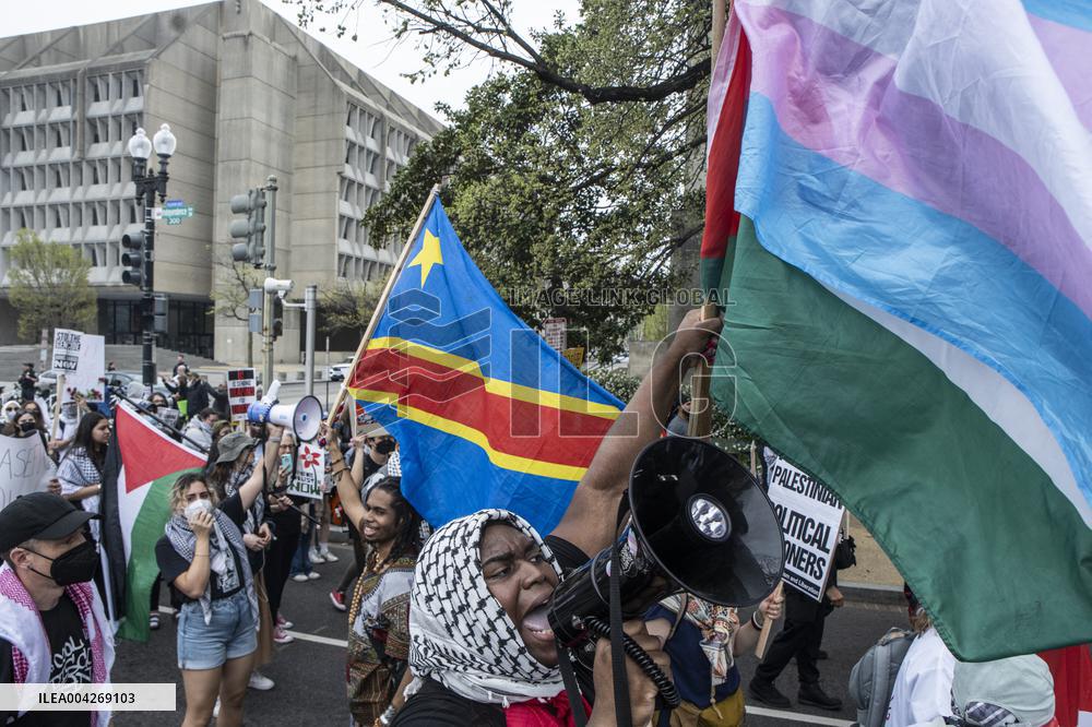 Pro-Palestinian protestors march from the National Gallery to ICE Headquarters in Washington, DC, on Saturday April 5, 2025. Thi
