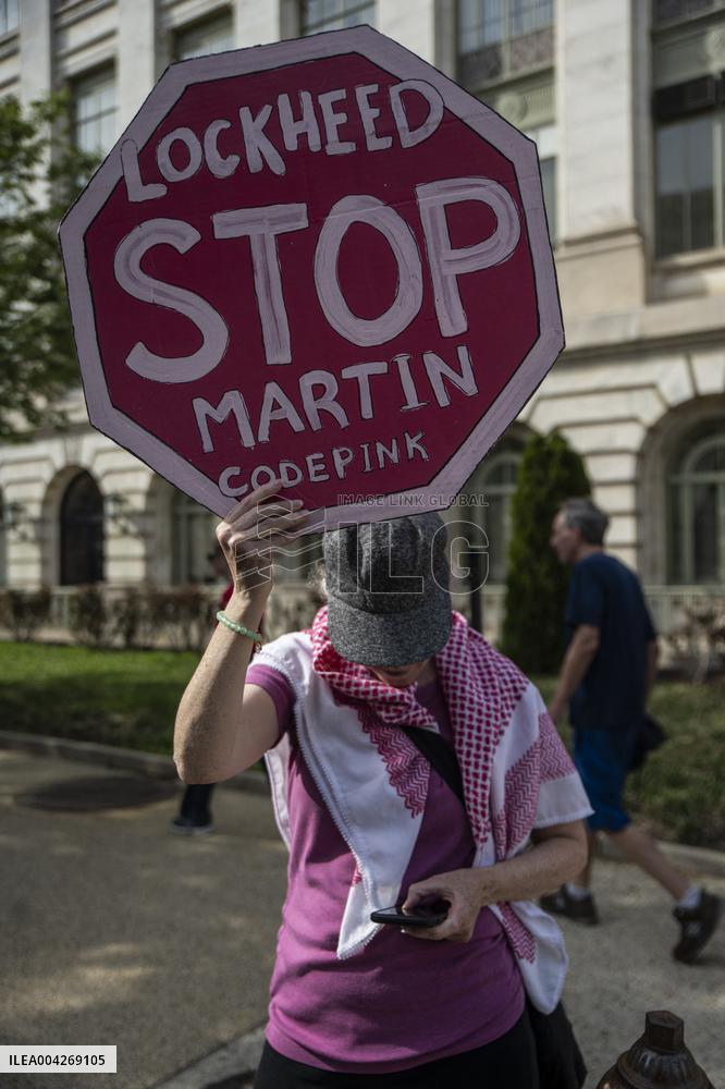 Pro-Palestinian protestors march from the National Gallery to ICE Headquarters in Washington, DC, on Saturday April 5, 2025. Thi
