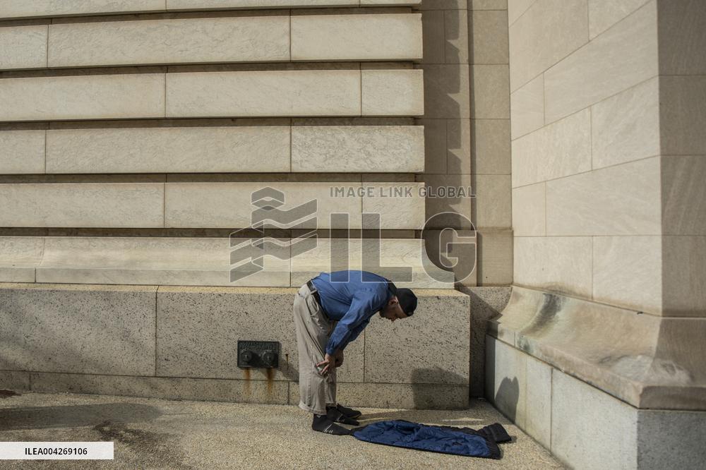 Pro-Palestinian protestors march from the National Gallery to ICE Headquarters in Washington, DC, on Saturday April 5, 2025. Thi