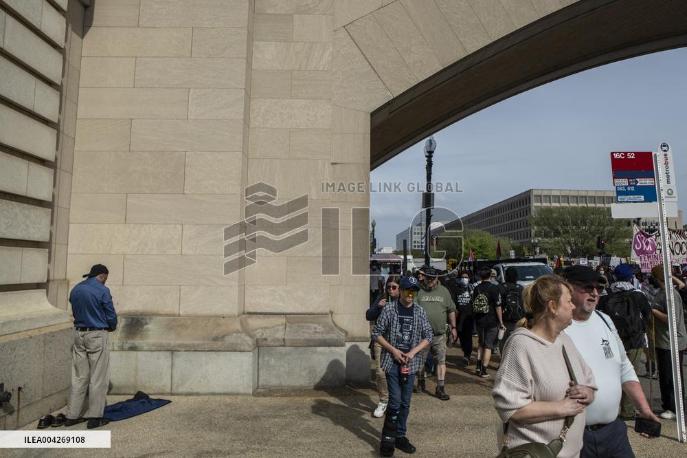 Pro-Palestinian protestors march from the National Gallery to ICE Headquarters in Washington, DC, on Saturday April 5, 2025. Thi