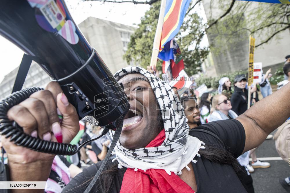 Pro-Palestinian protestors march from the National Gallery to ICE Headquarters in Washington, DC, on Saturday April 5, 2025. Thi