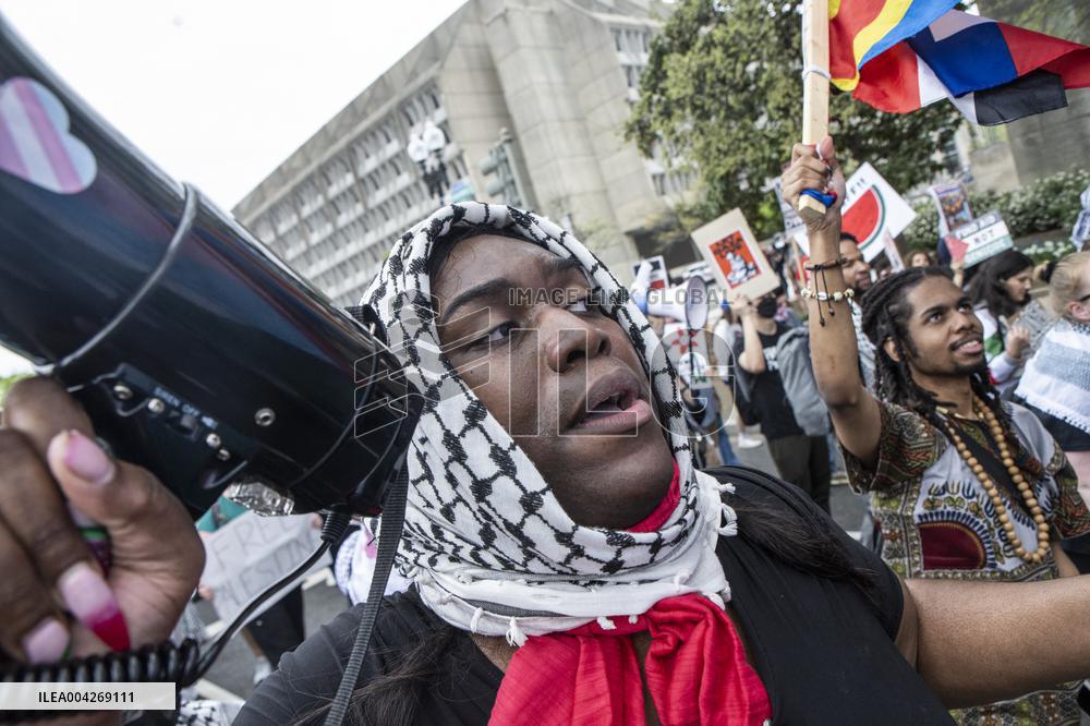 Pro-Palestinian protestors march from the National Gallery to ICE Headquarters in Washington, DC, on Saturday April 5, 2025. Thi